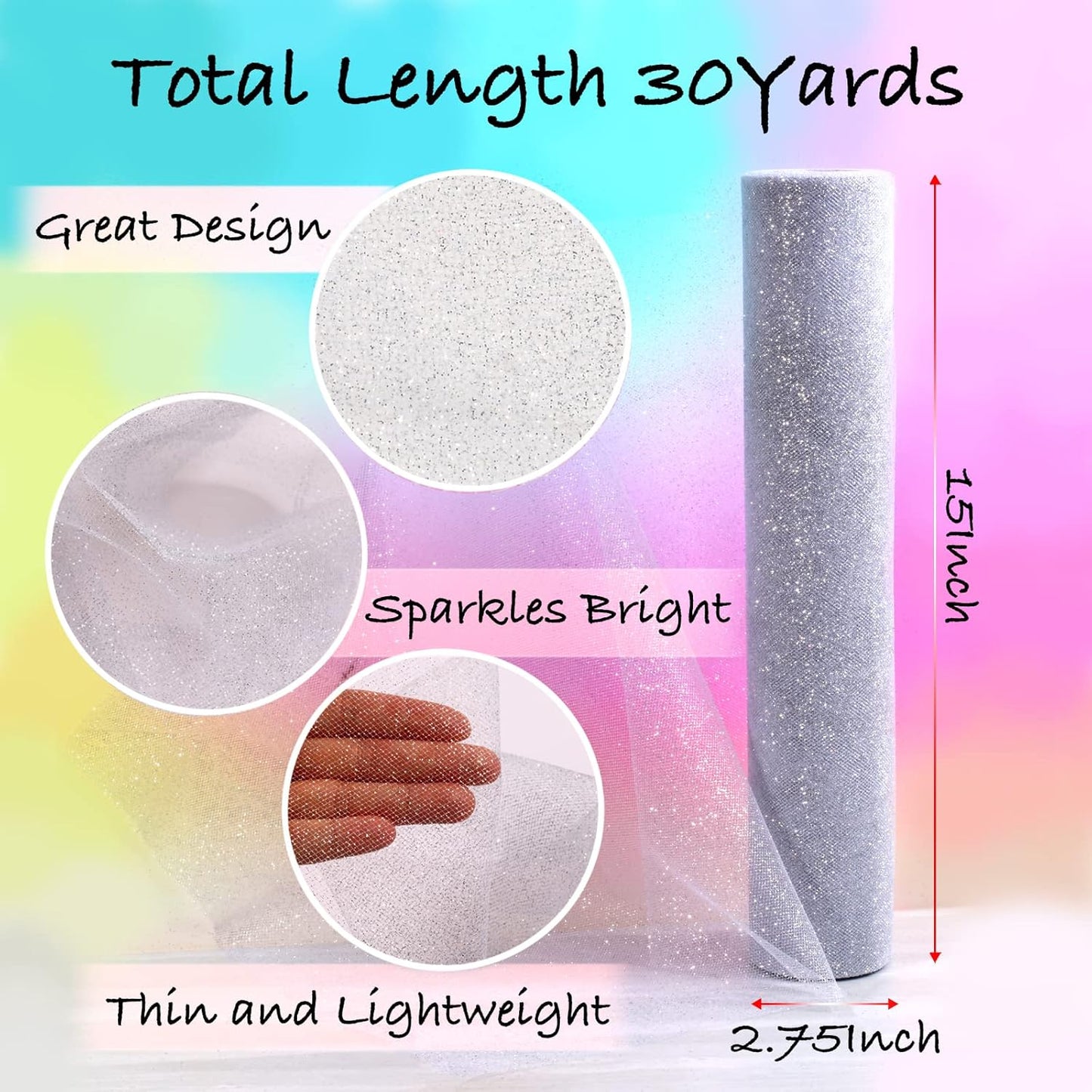 Sparkling Tulle Rolls, 15” by 30 Yards (90FT) Glitter Tulle Spool Ribbon Fabric for Wedding Birthday Bridal Shower Tutu Skirt Party Gift Wrapping (Sliver)