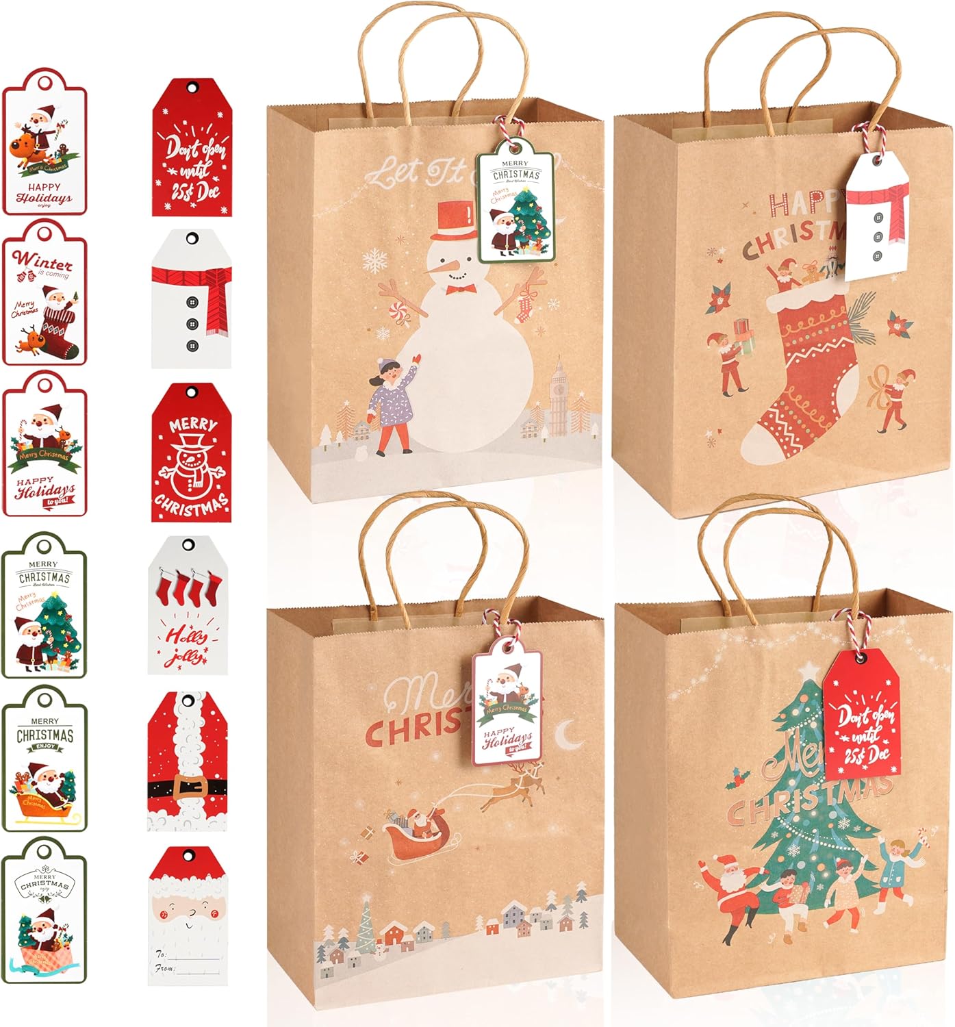 LYLIN 12Pcs Kraft Christmas Gift Bags with Handles, Small Xmas Treat Bags Reusable Gift Bags for Wrapping Gifts, Party Favors and Holiday Decor