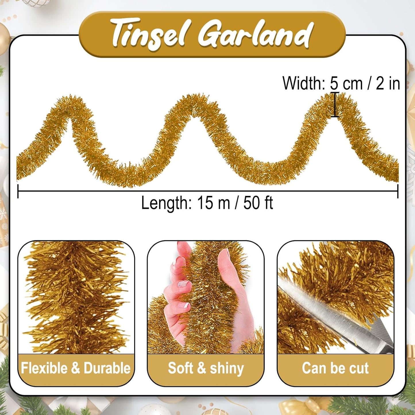 50 Feet Champagne Gold Christmas Tinsel Garland, Metallic Foil Twist Banner Wall Hanging Tinsel Streamers Backdrop for Parade Floats, Christmas, Mother's Day, Birthday Party Decorations(2in x 50ft)