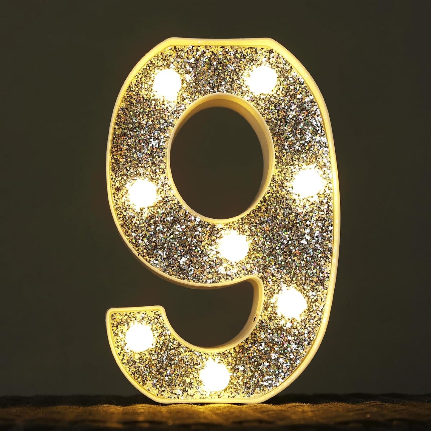 Marquee Light Letters for Table Decorations, Glitter Light Up Signs for Prom, Events, or Engagement Party Decor, Featuring Alphabet & Number Lighted Letters, Number 9