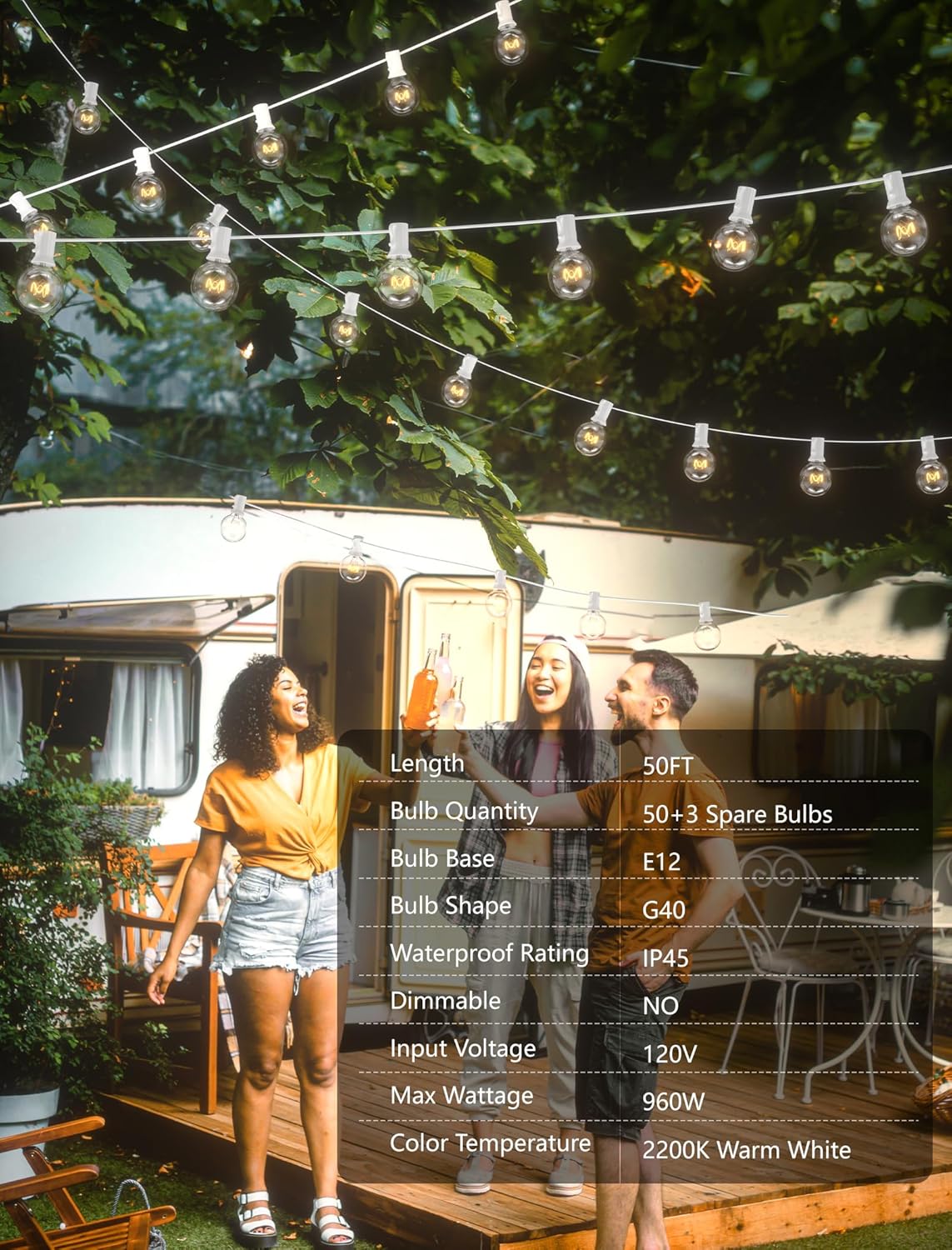 50Ft Outdoor Patio String Lights G40 Connectable Globe Lights with 53 Clear Globe Bulbs(3 Spare), UL Listed Garden Light for Indoor Outdoor Commercial Decor, 50 Hanging Sockets, 5W/E12 Base, White