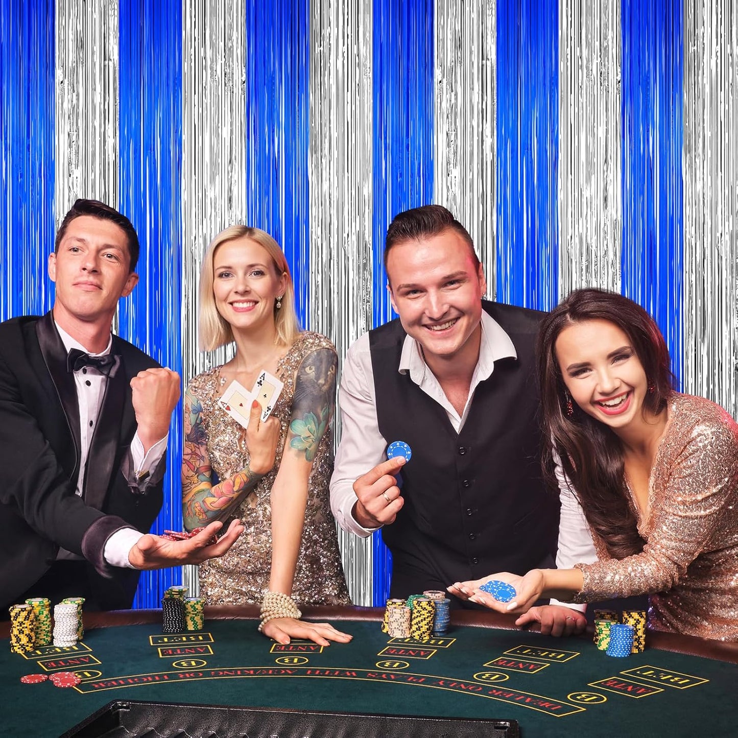 Silver and Blue Tinsel Backdrop Foil Fringe Curtains, 2Pack Birthday Door Decorations Photo Backdrop, Party Streamers Supplies for Bachelorette, Graduation, Christmas, Disco Decor New Year Decorations