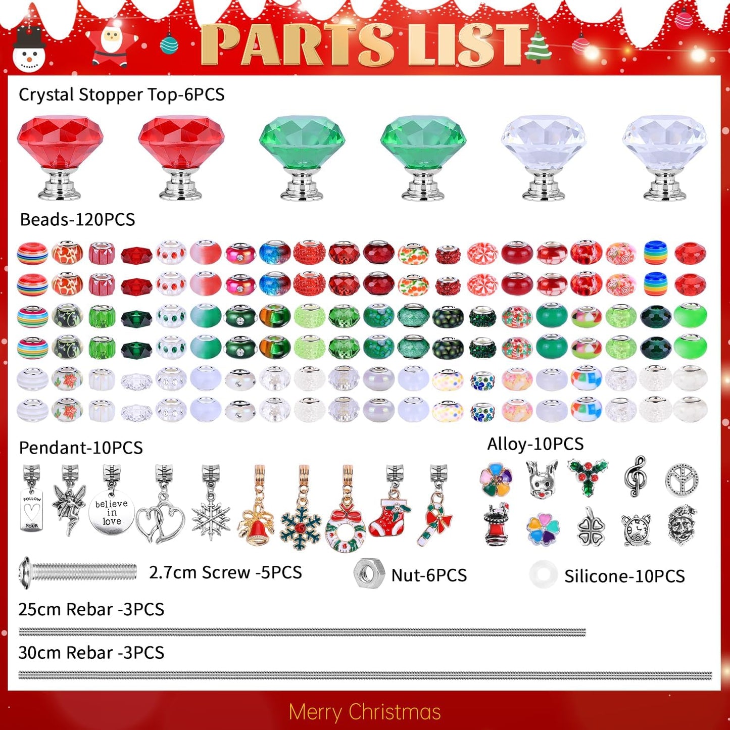 DIY Fairy Wand Garden Beads Stakes Wands Kit,Multiple Color Scheme European Beads Crystal Diamond Tops and 12 or 10 Inch Threaded Rods,Stainless Steel Stakes with Diamond Toppe(red+green+white)