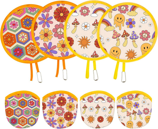 4 Styles Retro Hippie Round Foldable Hand Fan Japanese Foldable Fan Style Handheld Compact Cooling Fans,Round Folding Fan for Outdoor Games,Xmas Decoration,Festival,Party Favors,Travel,Events