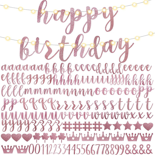 TaoBary 167 Pcs DIY Banner Kit Happy Birthday Glitter Banner Customizable Glitter Make Your Own Kit 162 Letters Symbols and Numbers 3 Rope for Birthday Halloween Wedding Christmas(Rose Gold)