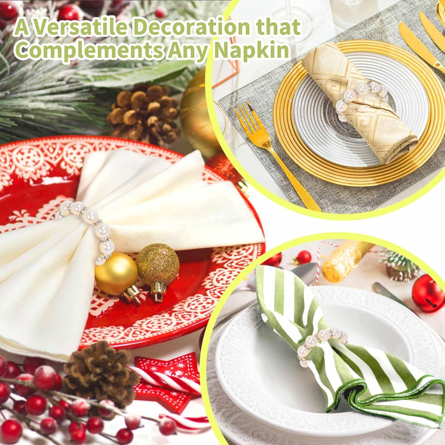 GENMOUS Set of 100 Silver Pearl Napkin Rings, Elegant Imitation Beaded Stylish Napkin Buckles for Formal Decor, White Napkin Ring Holders with Rhinestones for Weddings, Formal Dinners, Parties