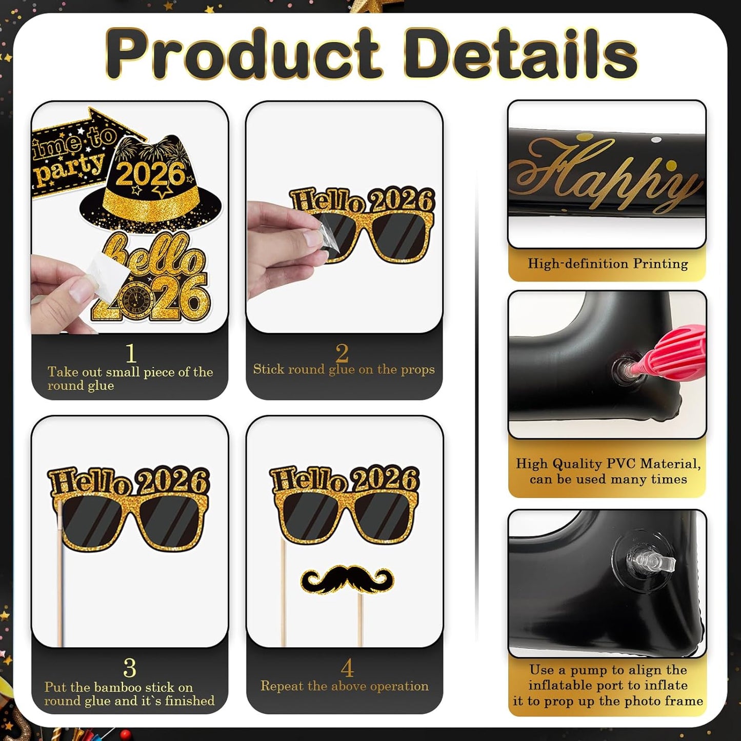 2026 New Year Photo Booth Inflatable Frame Kit, 30Pcs New Years Photo Booth Props with Inflatable Picture Frame Black Gold Decorations for New Year Eve Party Selfie Props Supplies