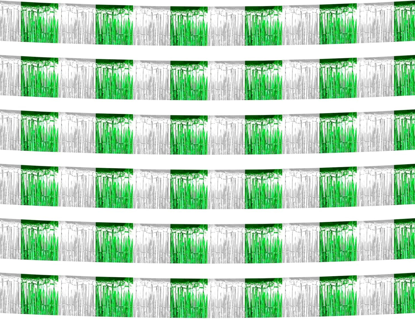 6 Pack 10 Feet Silver Green Foil Fringe Garland Metallic Tinsel Streamers Banner Wall Hanging Backdrop Banner for Parade Floats, Thanksgiving, Christmas, Birthday, Halloween Party Decorations