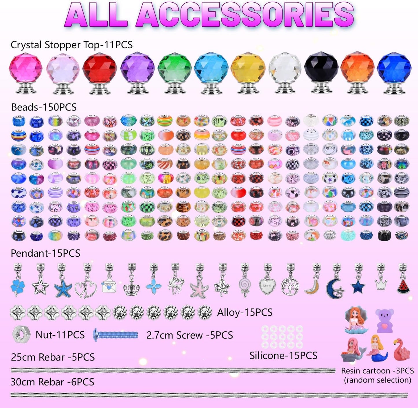 AIPRIDY 238 Pcs DIY Fairy Wand Garden Stakes Kit,Multiple Color Scheme European Beads Crystal Diamond Tops and 12 or 10 Inch Threaded Rods,Stainless Steel Stakes with Diamond Toppe (Lighted Globes)