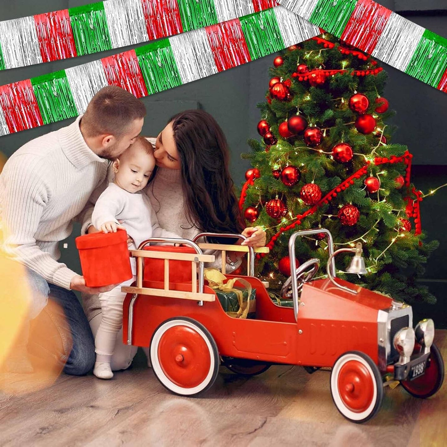 6 Pack 10 Feet Foil Fringe Garland Metallic Tinsel Streamers Banner Wall Hanging Backdrop Banner for Parade Floats, Valentine's Day, Wedding, Birthday, Mardi Gras Party Decorations Red Silver Green