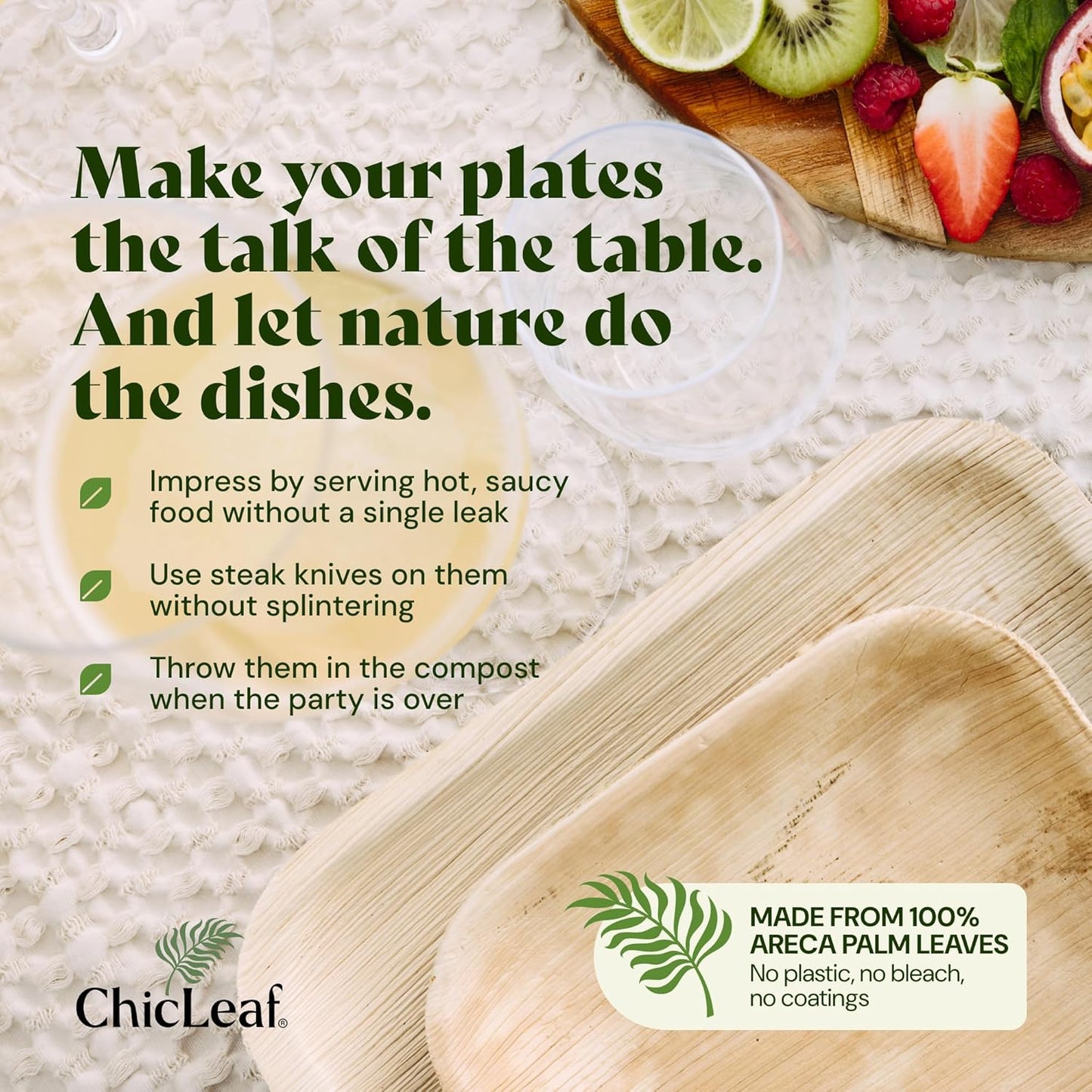 Chic Leaf Square Palm Leaf Tableware - 10" & 7", Pack of 24 - Durable Bamboo Disposable Dinnerware - Eco-Friendly Compostable Plates - Versatile Party & Appetizer Plates