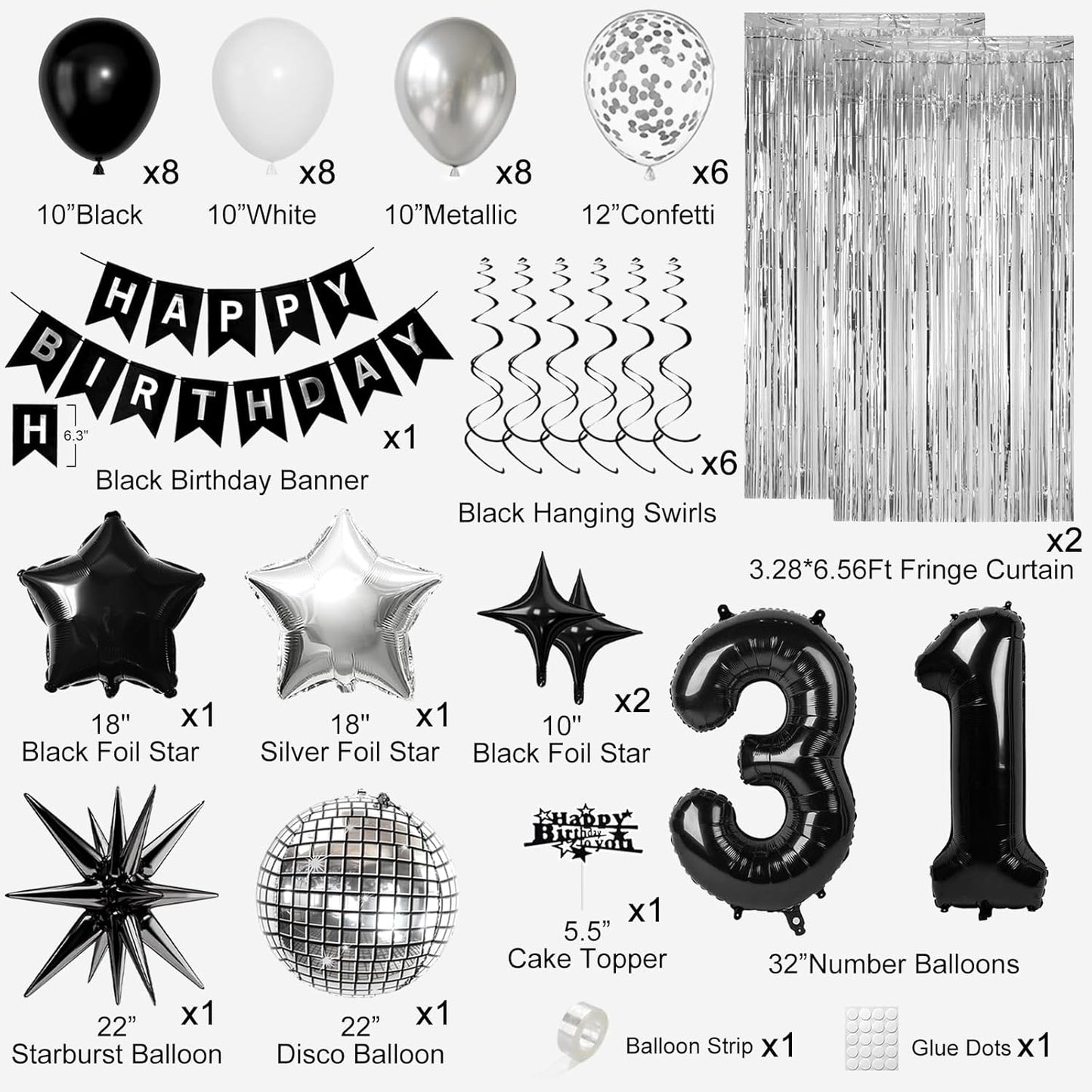 31st Birthday Decorations for Men Women, Black Silver Happy Birthday Party Decorations， 31 Year Old Party Supplies with Number 31 Balloons, Banner, Fringe Curtains Kit