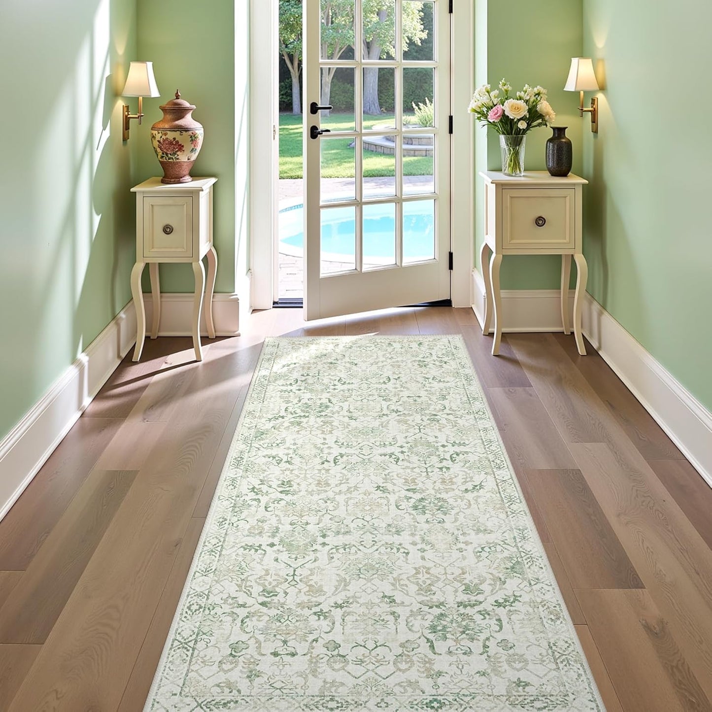 Green 3x12 Runner Rug for Hallways Bed Side Kitchen, Boho Washable Distressed Low-Pile Floor Entryway Long Bathroom Mat, Non-Slip Laundry Room Washstand Front Carpet Green 36x144 Inch