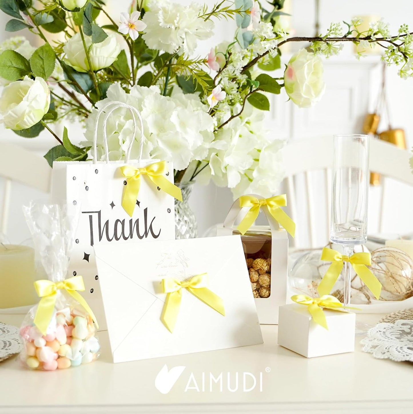 AIMUDI Yellow Bows 2.5" Satin Bows with Twist Tie Premade Craft Bows for Treat Bags Cake Pop Gift Wrapping Basket Wedding Favors Cookie Candy Bagging Baby Shower - 50 Counts