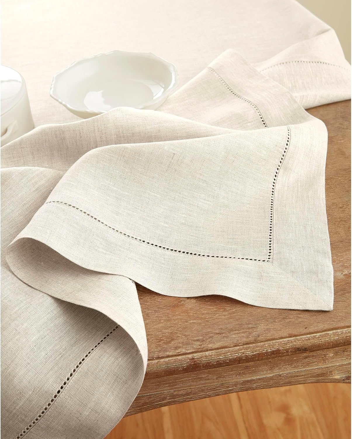Solino Home Light Natural Linen Tablecloth 52 x 52 Inch - 100% Pure Linen Square Table Throw - Classic Hemstitch, Machine Washable Table Cloth for Fall, Autumn, Thanksgiving, Christmas, Holiday
