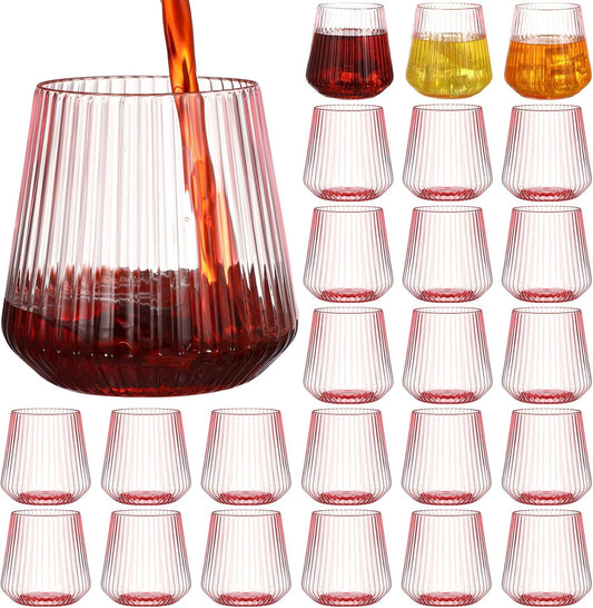 24 Pcs Pink Plastic Wine Glasses Ribbed Disposable Wine Glasses Unbreakable Stemless Champagne Whiskey Cups Ribbed Cocktail Plastic Cups for Wedding Home Office Bar (12 oz,Origami)