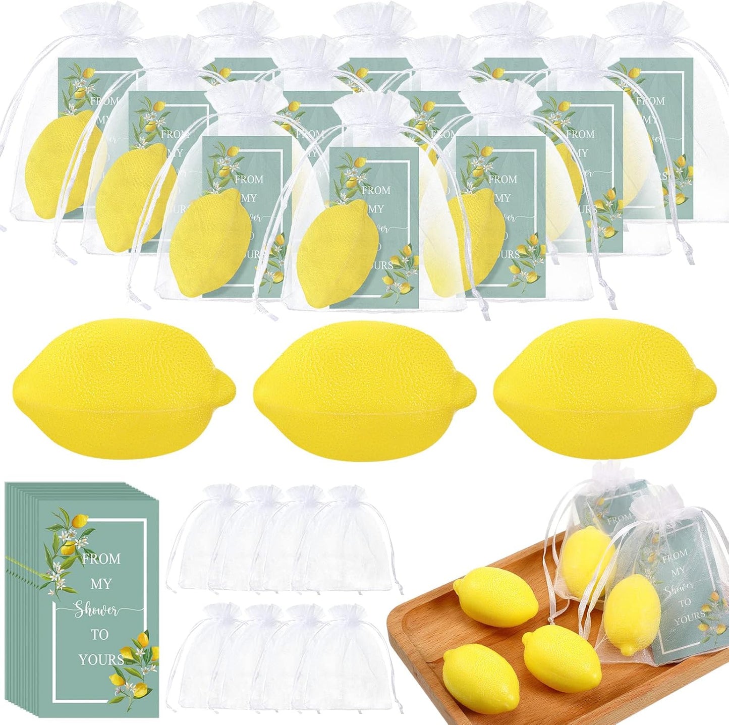 Lounsweer Set of 50 Wedding Lemon Soap Favors Mini Bridal Shower Favors Natural Lemon Shaped Soap Bar with from My Shower to Yours Cards and White Organza Bags for Party Baby Shower Decorations