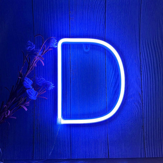 ENUOLI LED Blue Neon Letter Signs Night Light Battery or USB Operated LED Marquee Letters Neon Art Decorative Lights Wall Decor for Children Baby Room Christmas Wedding Party Decoration(D)