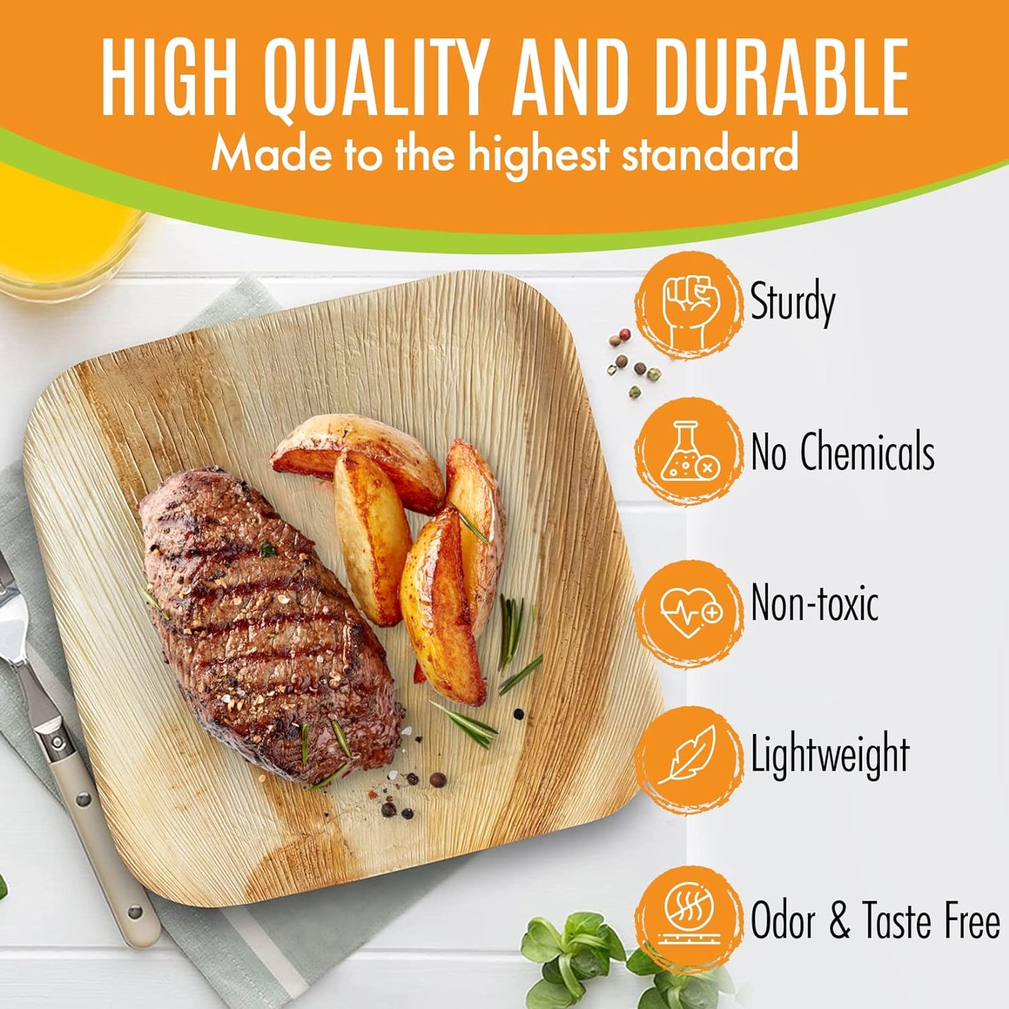 Raj Palm Leaf Plates Bulk [50-Pack] 10" & 7" Square Plates (100 CASES - 5000 PACK) like Bamboo plates Disposable, Strong, Decorative Compostable Tableware for weddings, Lunch, Dinners