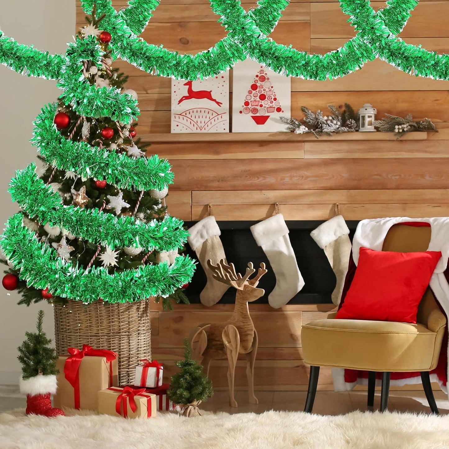 72 Feet Christmas Tinsel Garland Shiny Metallic Tinsel Twist Garland Streamers Ornaments Long Glitter Christmas Tree Hanging Decorations for Party Holiday Wedding Birthday Tree Wall Rail (Green)