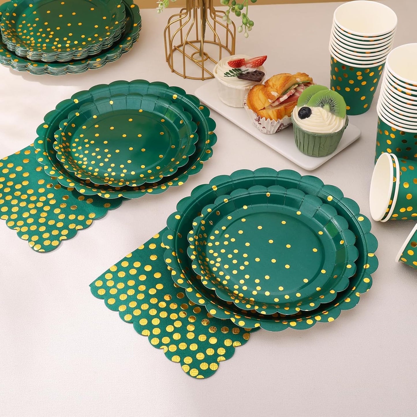 175Pcs Green and Gold Party Decoration - Green Plates and Napkins Party Supplies - Scalloped Paper Plates for Birthday Graduation Decorations, Serve 25 Guests