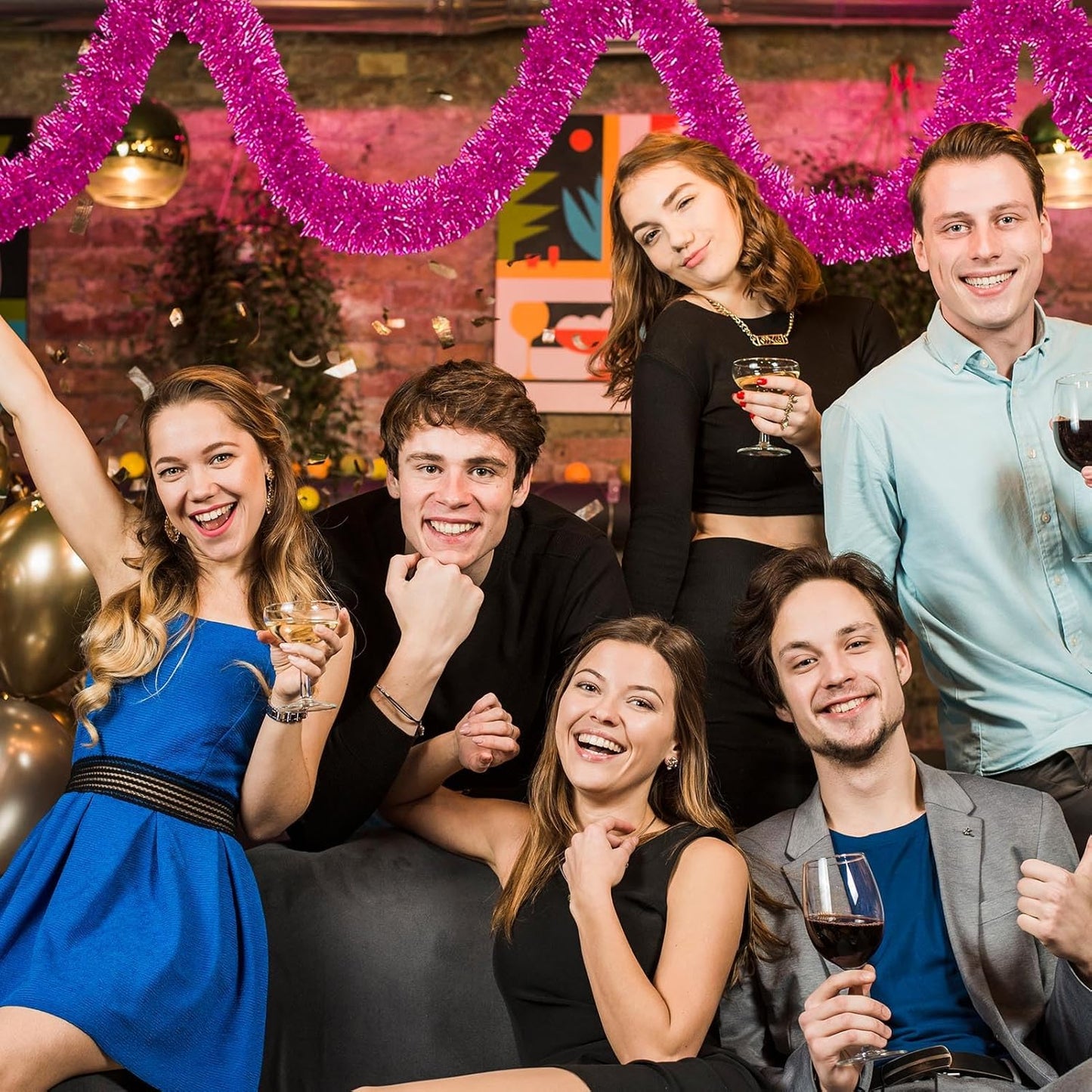 50 Feet Fuchsia Christmas Tinsel Garland, Metallic Foil Twist Banner Wall Hanging Tinsel Streamers Backdrop for Parade Floats, Christmas, Mother's Day, Birthday Party Decorations(2in x 50ft)