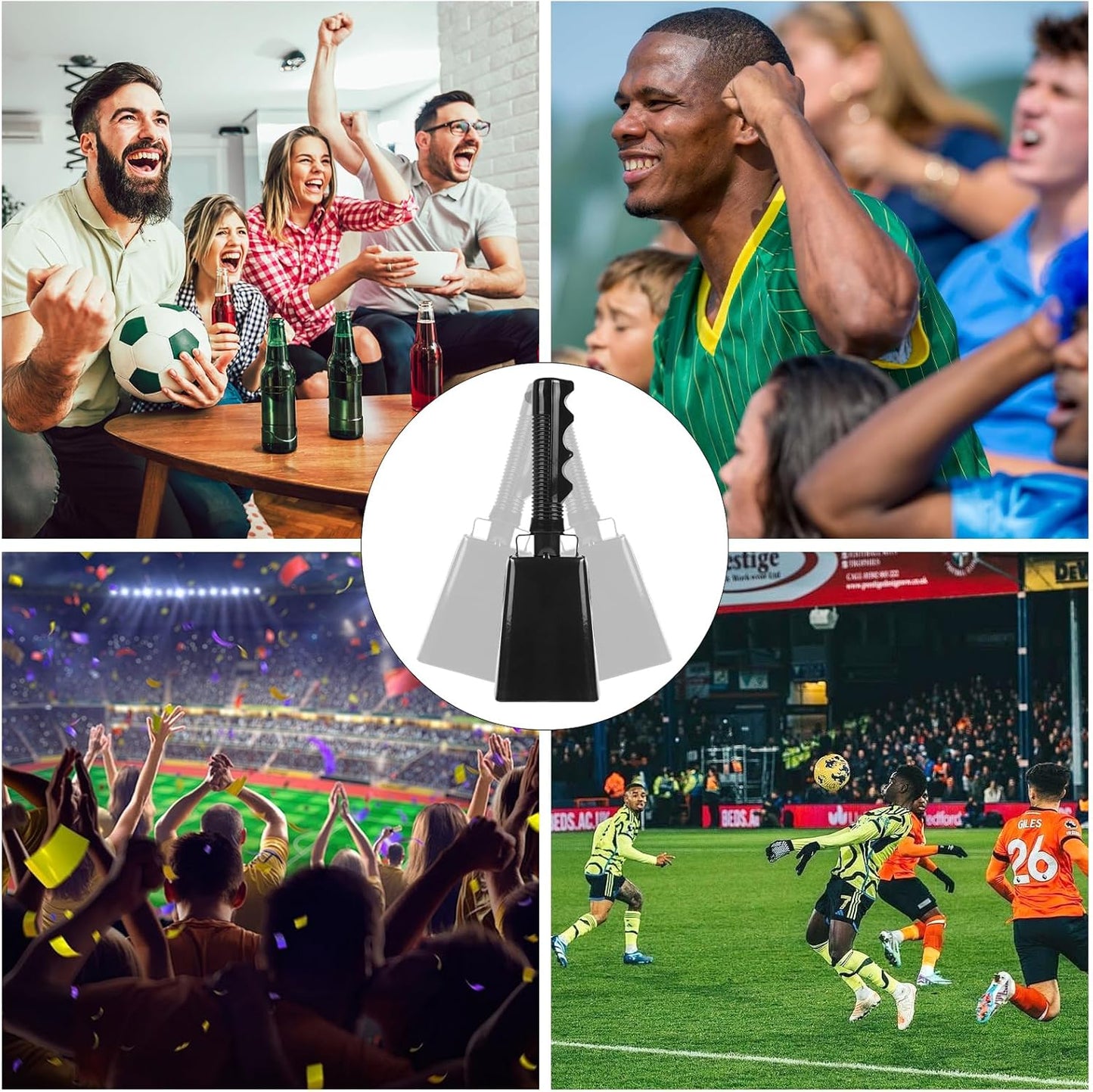 Cow Bells Noise Makers with Handle: Cowbells Hand Percussion for Sporting Events with Wrist Strap - 2pcs 8 Inch Large Loud Cheering Bell for Football Games Graduation (Black)