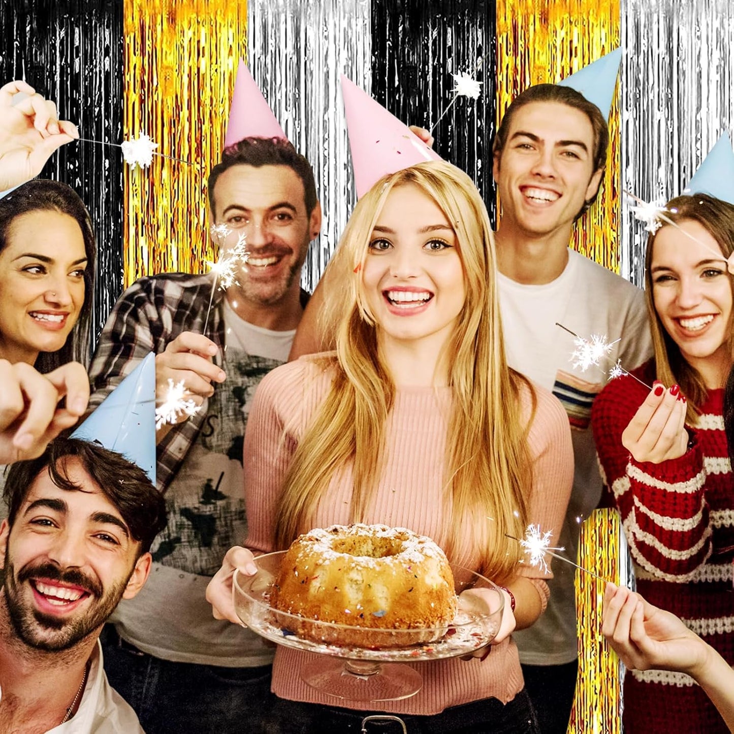 3 Pack Black Gold Silver Foil Fringe Curtain Backdrop, 3.28Ft x 8.2Ft Metallic Tinsel Foil Fringe Streamer Curtains for Photo Booth, Mother's Day, Easter, Birthday, Wedding Party Decorations