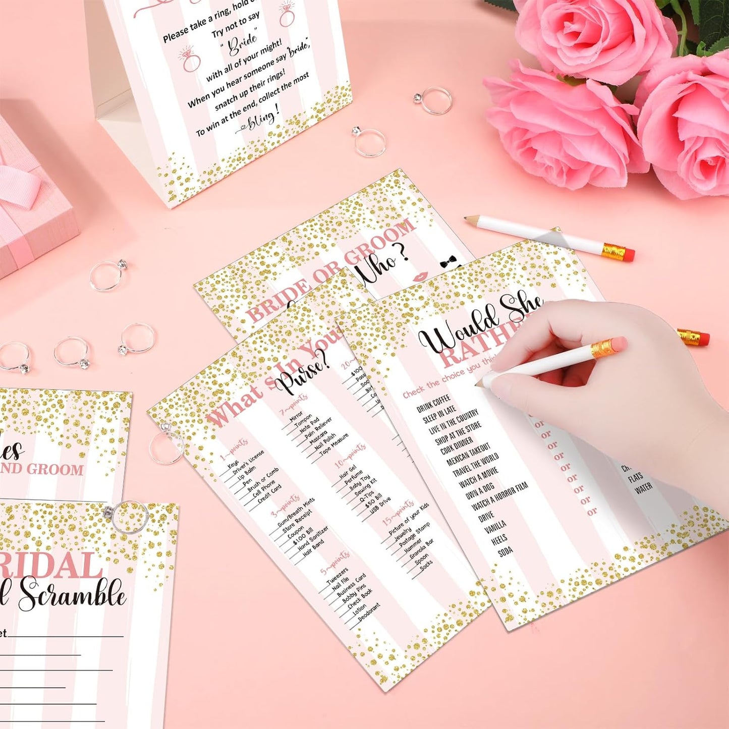 Estune 331 Pcs Bridal Shower Games Supplies, 5 Sets 250 Pcs Wedding Cards 1 Put a Ring on It Bridal Shower Games with 60 Rings and 20 Pencils(Confetti Style)