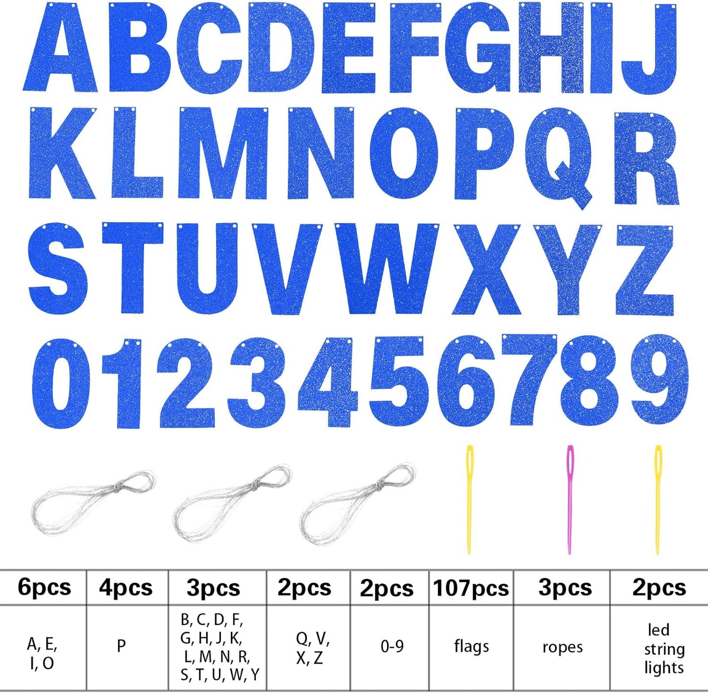 TaoBary 112 Pcs DIY Letter Kit Glitter Customizable Banner Letters Include 107 Letters and Numbers 3 Rope and 2 Needles for Birthday Halloween Christmas Wedding Valentine Party Decor(Dark Blue)