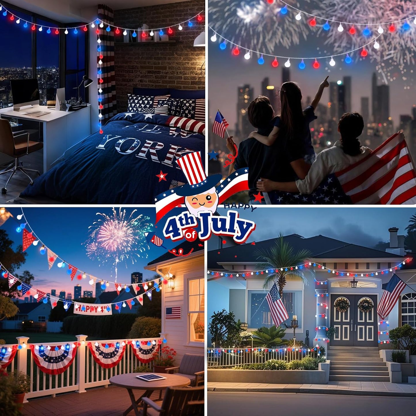 Connectable Red White and Blue String Lights Outdoor Indoor, 42FT 100LED 4th of July Decorations Plug in with Timer, 13 Modes Patriotic Globe Waterproof Fairy Lights for Independence Day Memorial Day