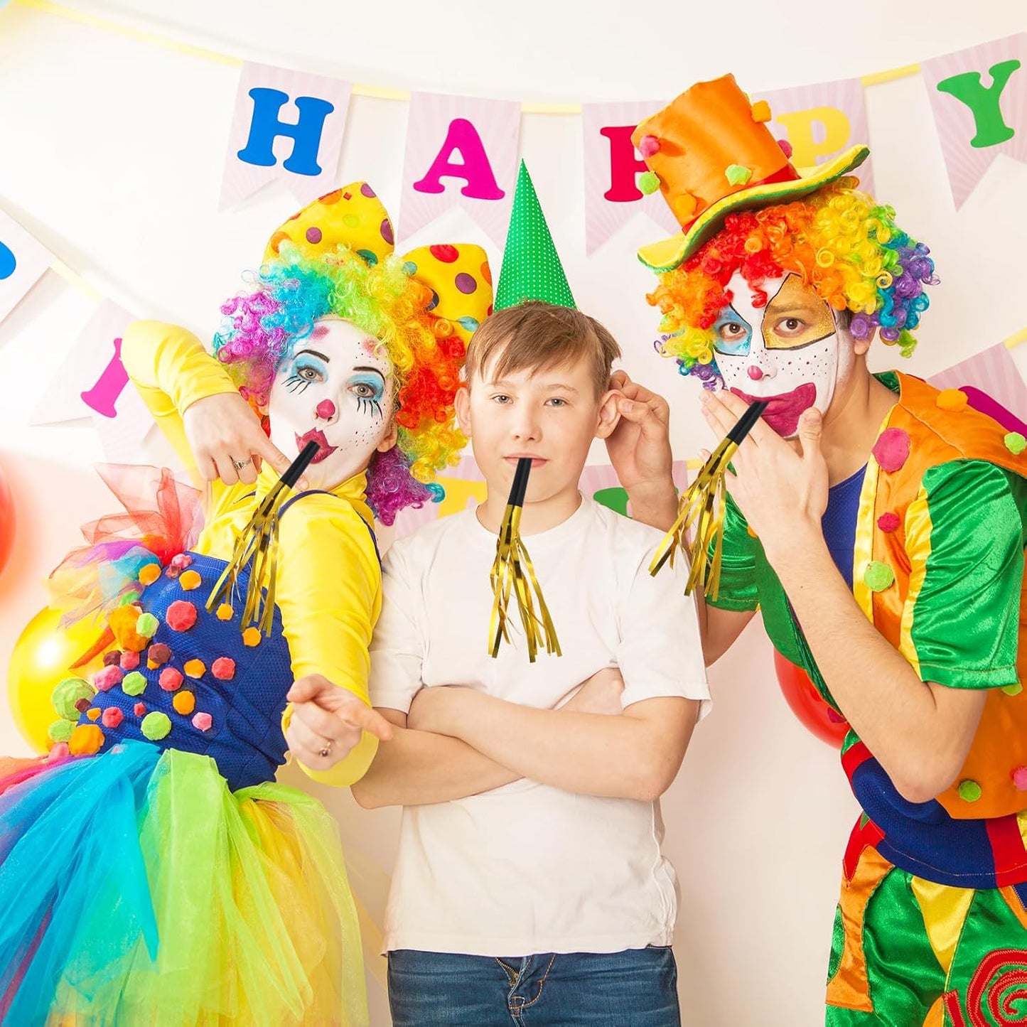 24 Pcs Party Horns, Party blowers Noise Makers, Graduation Noise Makers Glitter Metallic Fringed Birthday Blowers for Wedding Birthday Graduation Ceremony Festival (Gold)