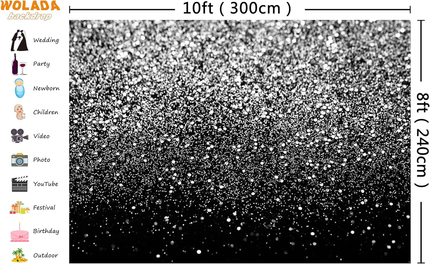 WOLADA Black and Silver Backdrop Silver Glitter Backdrop for Photography Wedding Birthday Baby Shower Party Photo Studio 10x8FT FW18