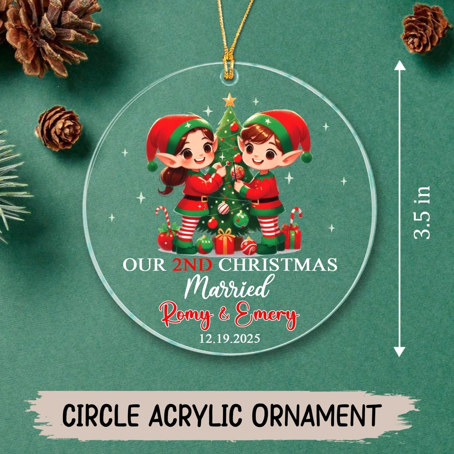 Customized Our 2ND Christmas Married Ornaments with Name & Date, Mr & Mrs Elf Married Ornament Gift for Wedding Anniversary, Personalized Mr & Mrs Elf Together Xmas Keepsake Ornament for Husband Wife