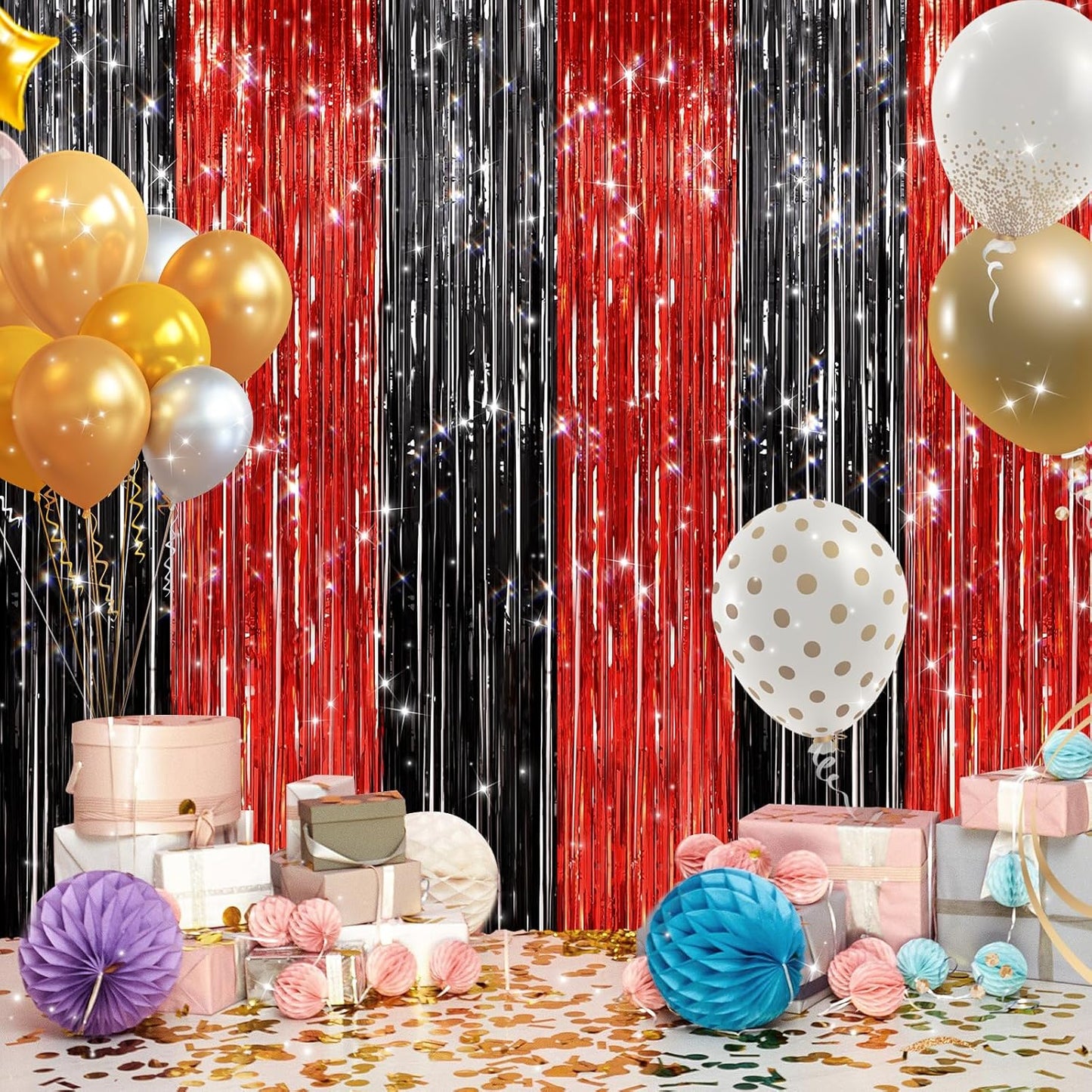 2 Pack Black and Red Foil Fringe Curtains Party Decorations, Tinsel Curtain Backdrop Streamers for Birthday Graduation Fiesta Stranger Theme Halloween Christmas Party Decors Supplies Door Streamers