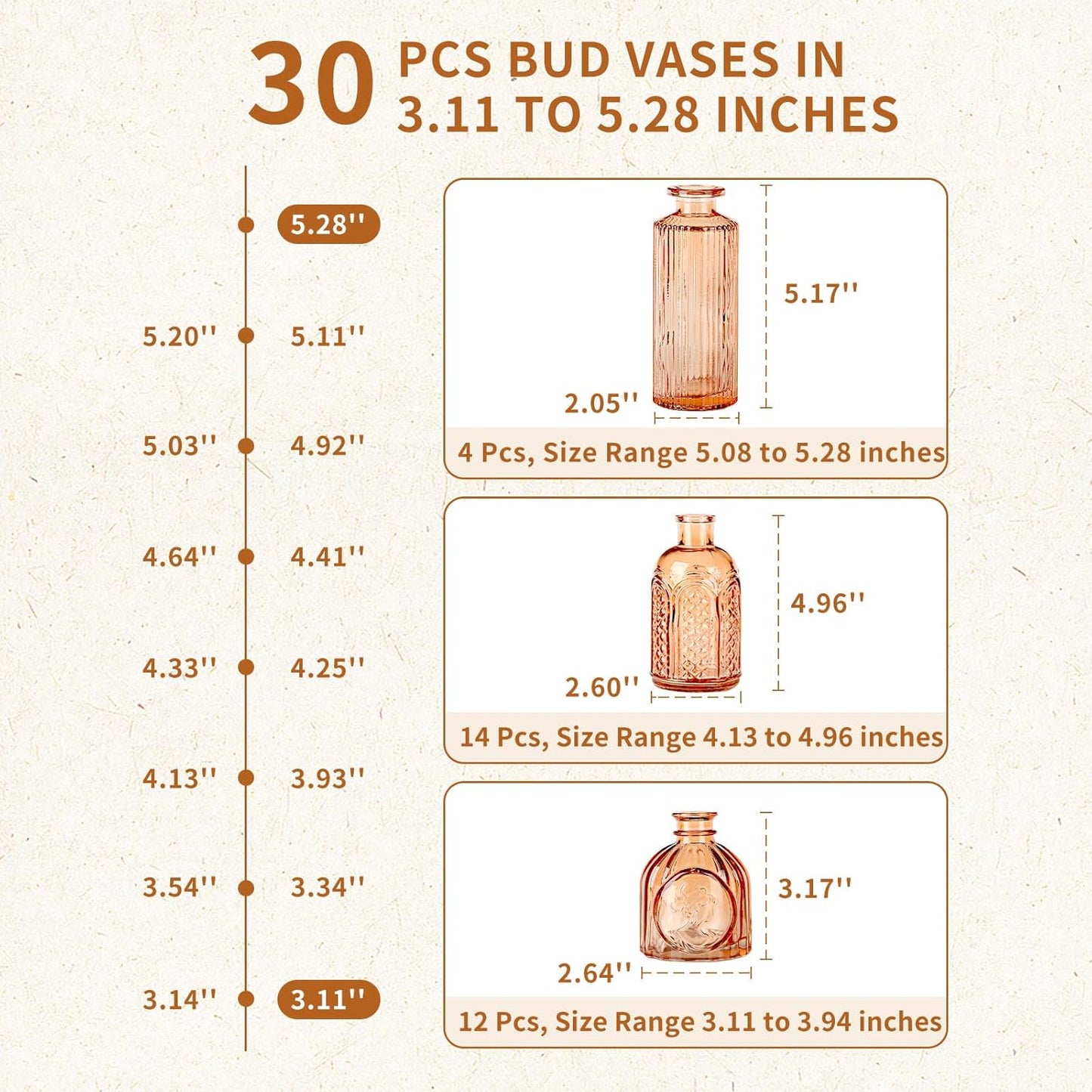 Valentine's Day Glass Bud Vases,Versatile Small Bud vases for Home and Wedding Decor, Exquisite Bridal Shower Table Centerpieces,Aromatherapy Bottles,Candle Holder, Gifts Idea(Pack of 30,Amber)