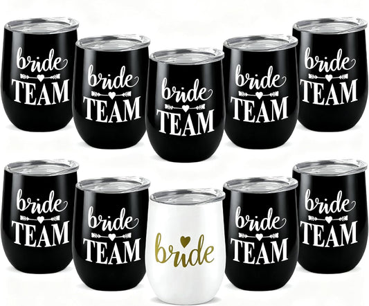 Bride Squad Bachelorette Party Cups 10 Pcs Team Bride Cups Bridesmaid Gifts Tumblers 12 Oz Insulated Cups with Lid and Straw(Black)