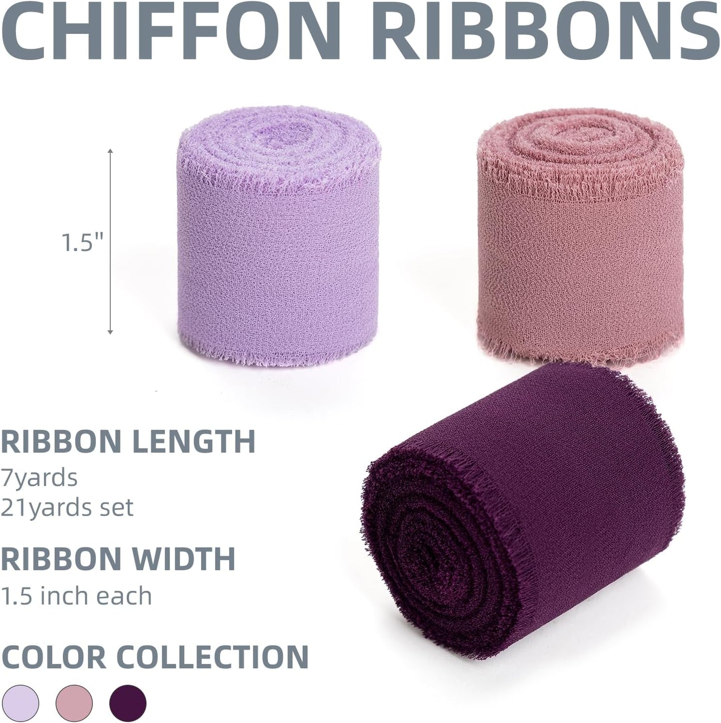 Purple Lavender Dusty Rose Handmade Chiffon Ribbon,1.5" x 21Yd Frayed Silk Ribbons for Wreaths Bridal Flower Bouquet Christmas Gift Wrapping Wedding Decor Invitations Decorations
