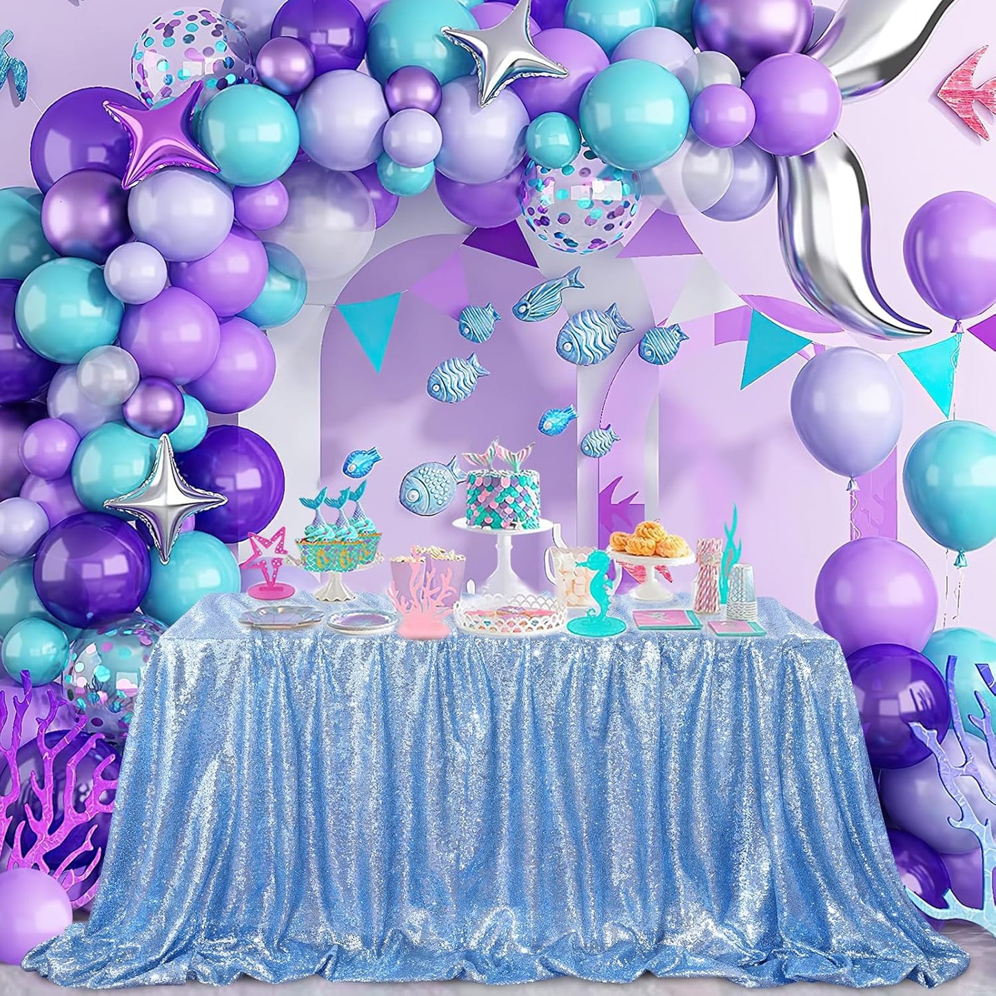 QueenDream Sparkly Sequin Tablecloth - Baby Blue Table Cloth 50x80 Inches Rectangle Table Overlay Fabric for Birthday Parties Baby Shower Decoration