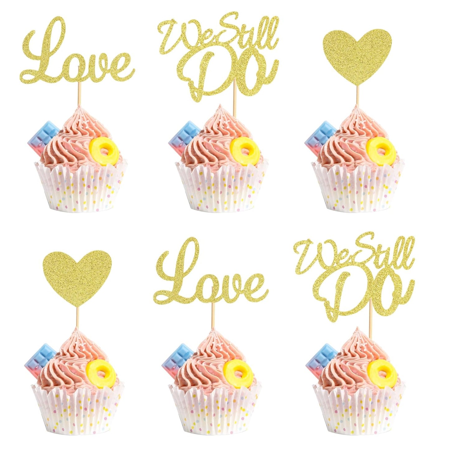 24Pcs We Still Do Cupcake Toppers Glitter Love Heart Marriage Anniversary Cupcake Picks Bridal Shower Wedding Engagement Birthday Cake Decorations Supplies - Gold Glitter