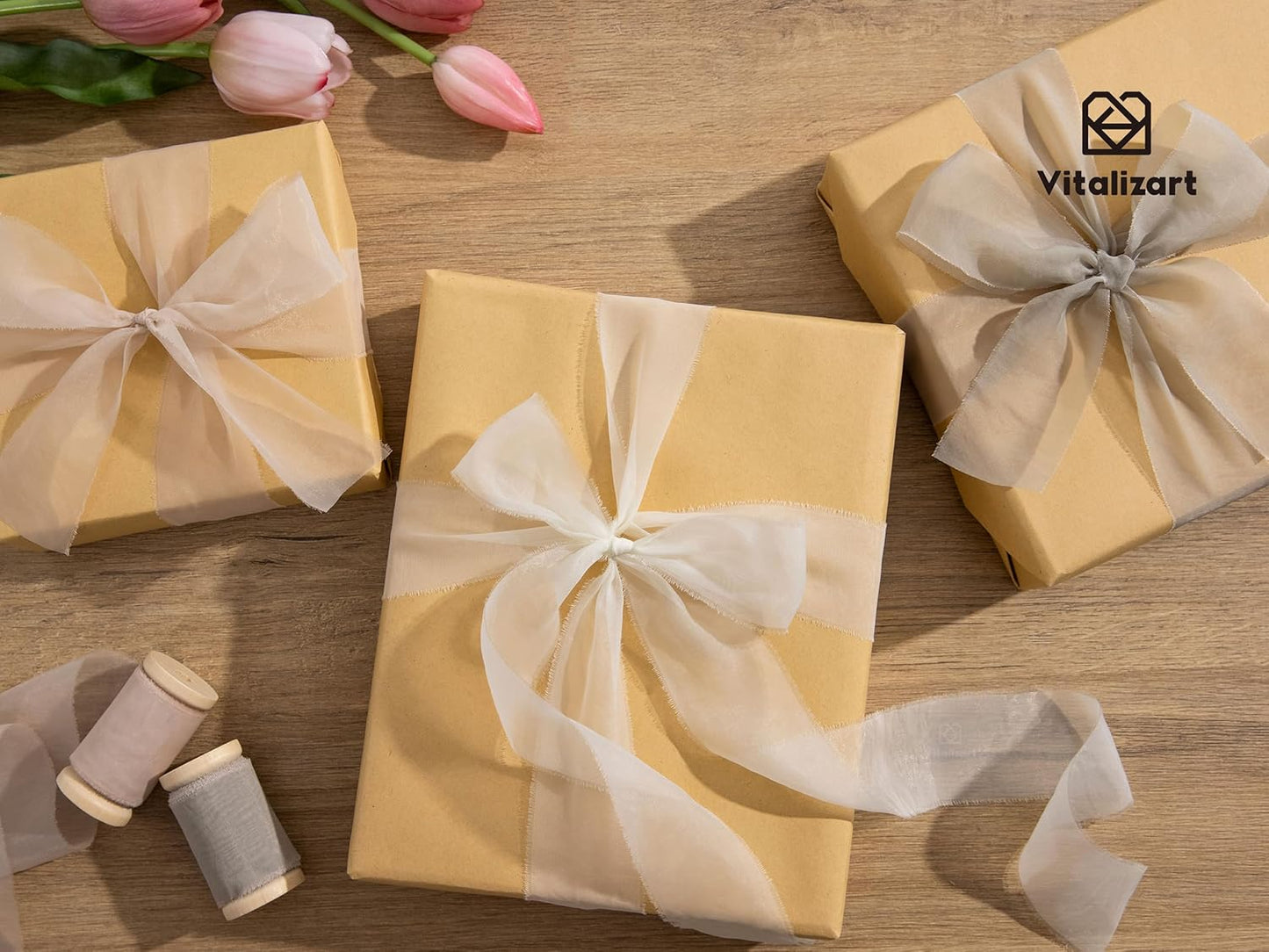 Vitalizart Organza Ribbon Frayed Sheer Organza White Pink Grey Set 1.5" Silk Like Ribbons for Valentines Day Gift Wrapping Craft Flower Bouquet Wedding Invitations Mesh Fabric 15 Yards