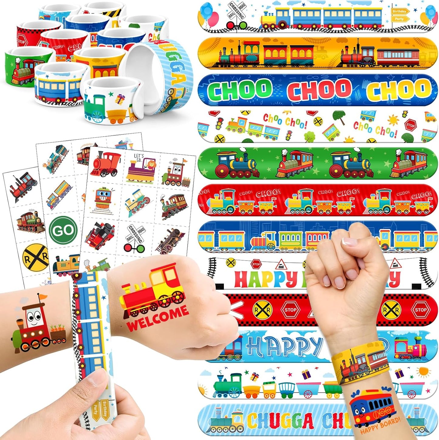 60 PCS Train Party Favors Set - 36 Temporary Tattoos Sticker & 24 Slap Bracelets for Kids, Perfect for Birthday Parties, Classroom Rewards and Gifts