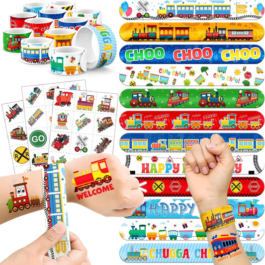 60 PCS Train Party Favors Set - 36 Temporary Tattoos Sticker & 24 Slap Bracelets for Kids, Perfect for Birthday Parties, Classroom Rewards and Gifts