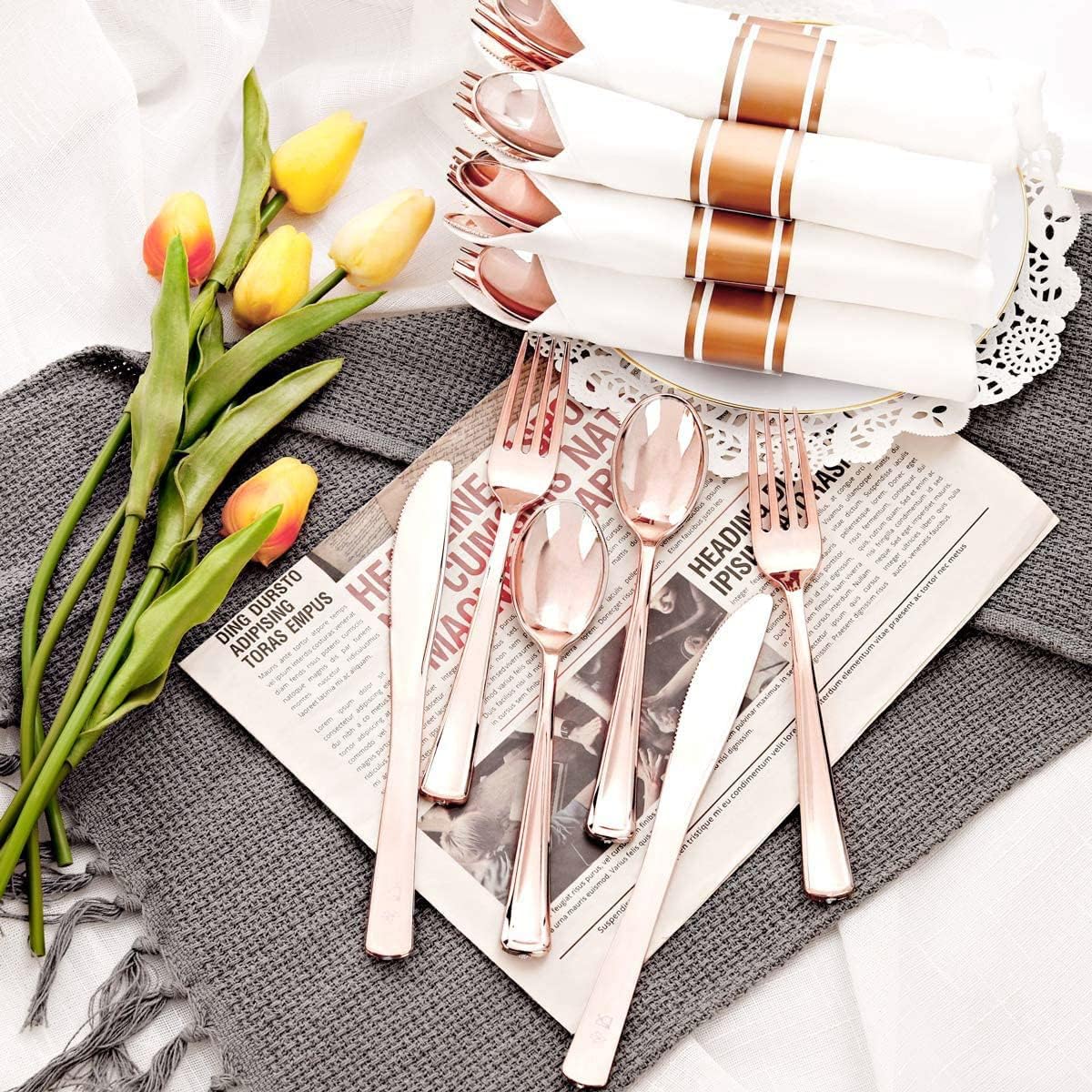 Supernal Set of 60 Packs Rose Gold Silverware - Heavy Weight Cutlery with Linen Napkin Suit for Wedding, Party