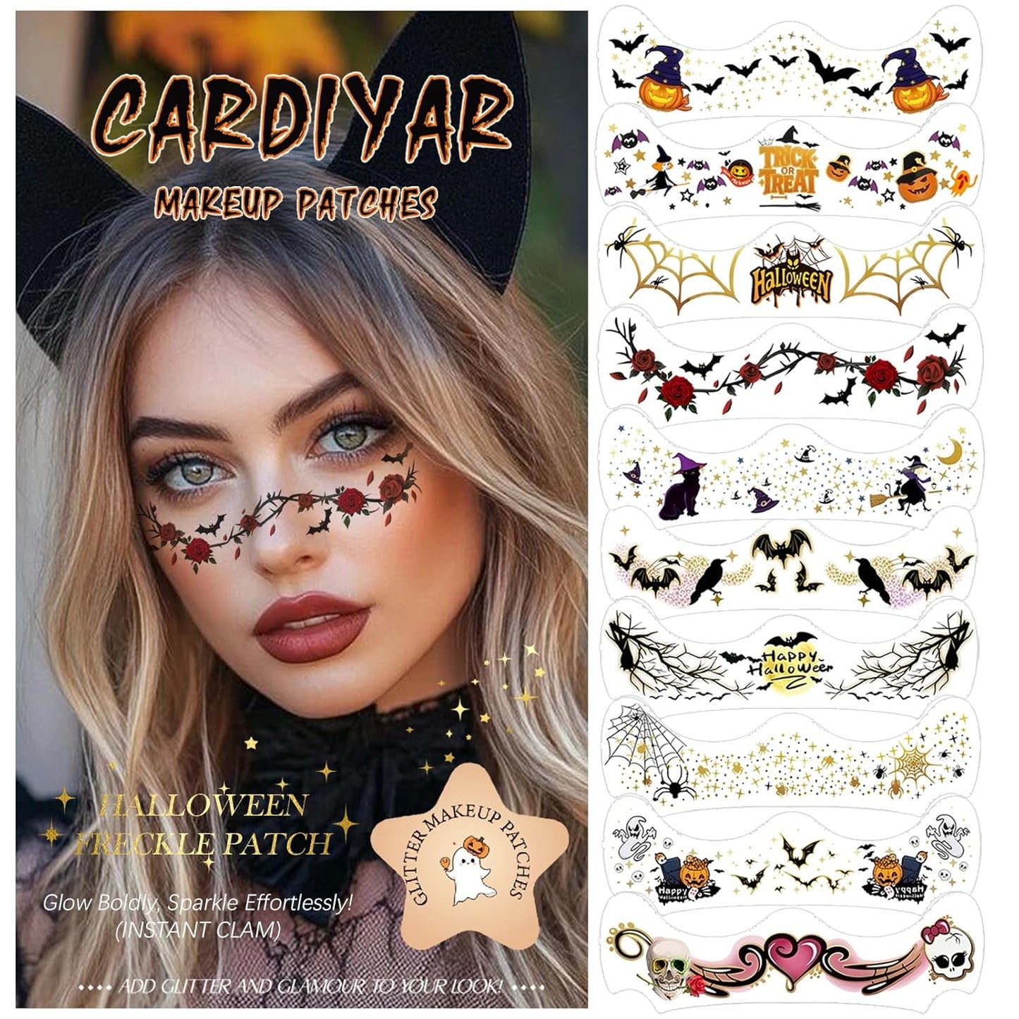 Glitter Freckles, 24PCS Glitter Freckles Face Tattoo, Sparkle Freckles for Women, Waterproof Gold Temporary Face Tattoos Glitter Glow Up Patches Makeup Patches (Halloween 10pcs)