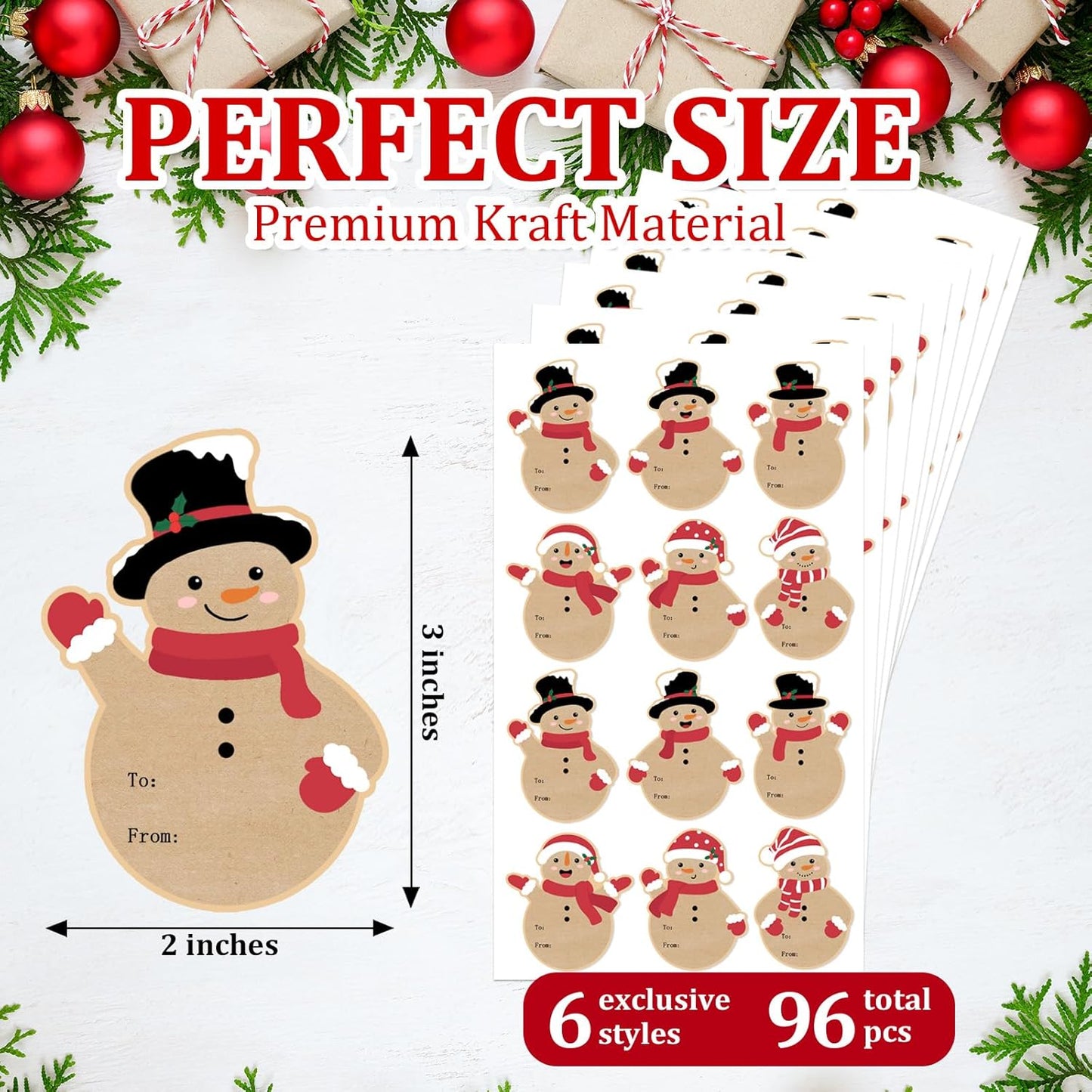 Christmas Gift Tags Stickers, 96Pcs Christmas Gift Labels Stickers, Self-Adhesive Christmas Name Tags for Xmas Gifts Wrap Presents Boxes Decoration, 2 x 3 Inch, Natural Kraft Paper Snowman Stickers