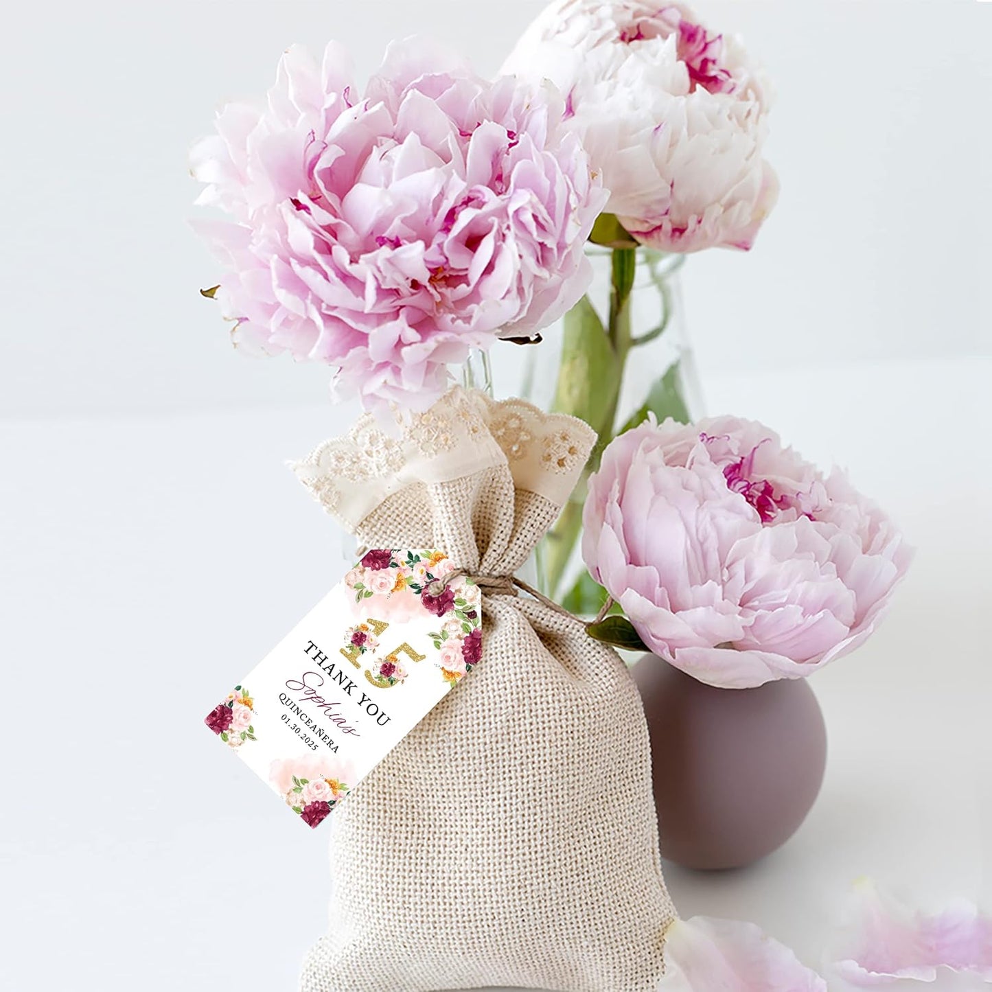 Andaz Press 40-Pack Personalized Quinceañera Favor Tags with String, Burgundy & Blush Florals Custom Classic Thank You Gift Tags for Mis Quince Años XV 15th Birthday Favor Gifts, Decorations