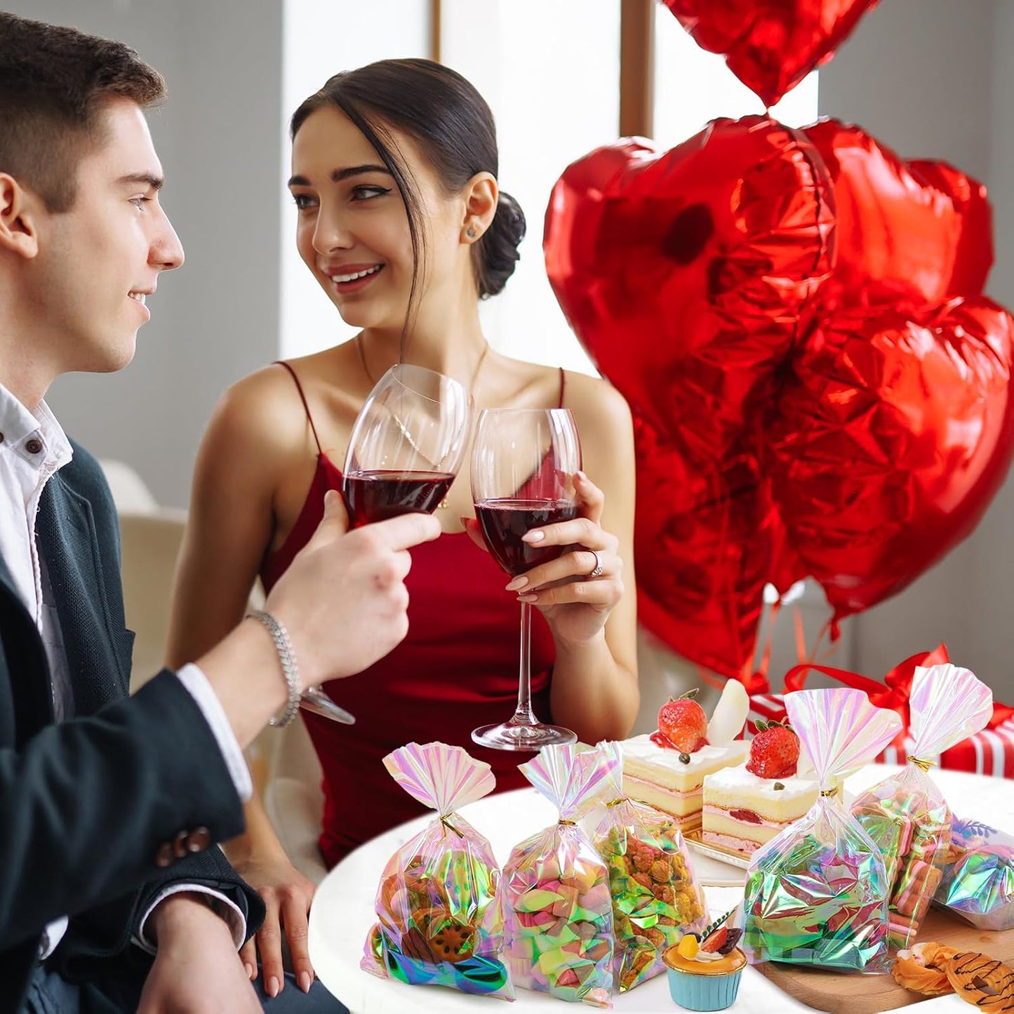 SUREHOME Cellophane Bags, 100 Pcs 6x10 Inches Clear Treat Bags with Ties Plastic Gift Bag Holographic Iridescent Pink Goodie Bag for Party Favors Wedding Candy Valentine Snack Popcorn Cookies Packing