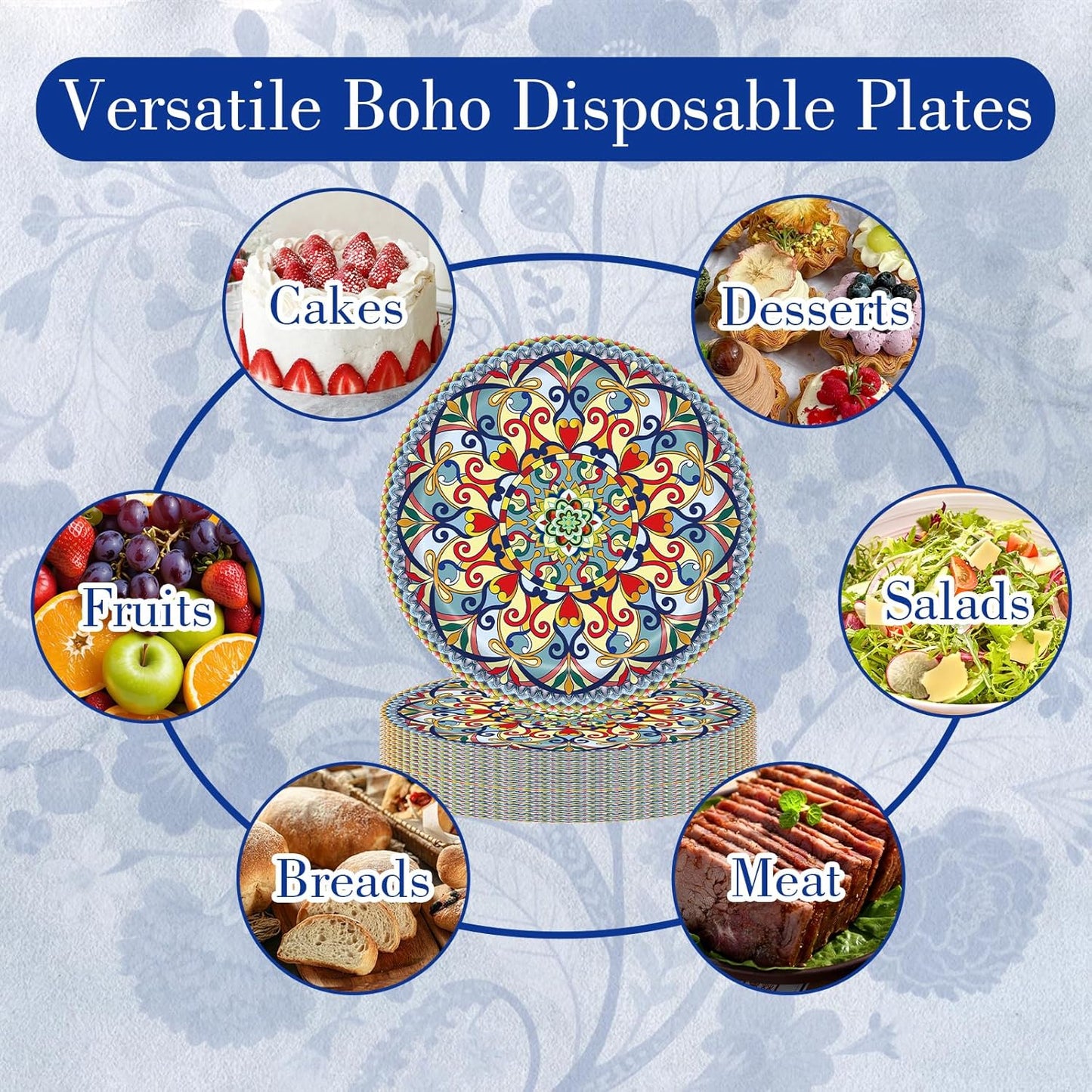 100PCS Boho Paper Plates (50×7 Inch & 50×9 Inch)–Vintage Bohemian Style Disposable Plates, Dessert Party Dinner Plates, Dinnerware Plate Set for Birthday Gatherings