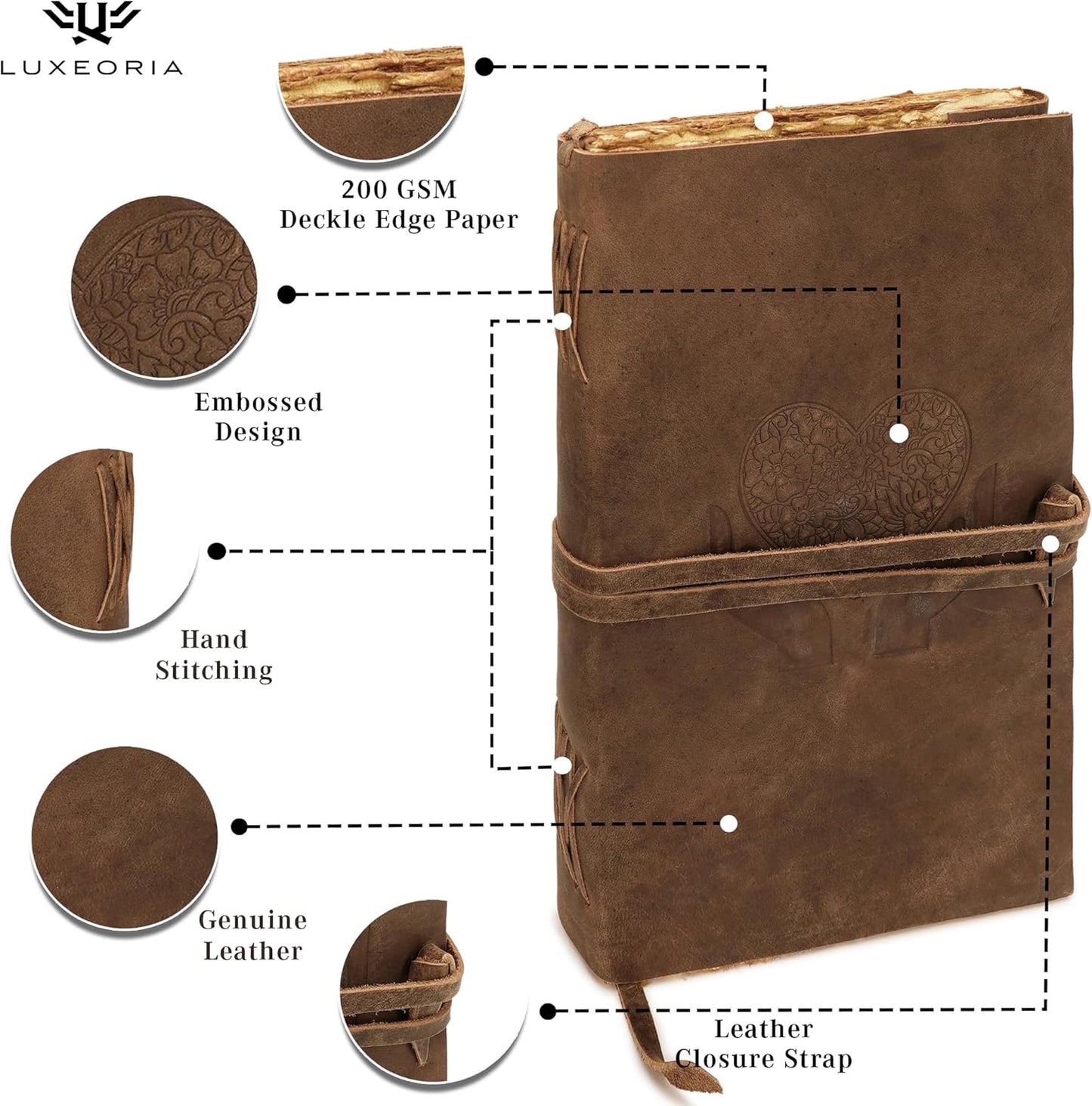 LUXEORIA Heart Journal for Women and Men, Handcrafted Leather Journal for Writing Womens, Sketchbook, Travel Diary with Unlined Deckle Paper, Distressed Brown 8x13